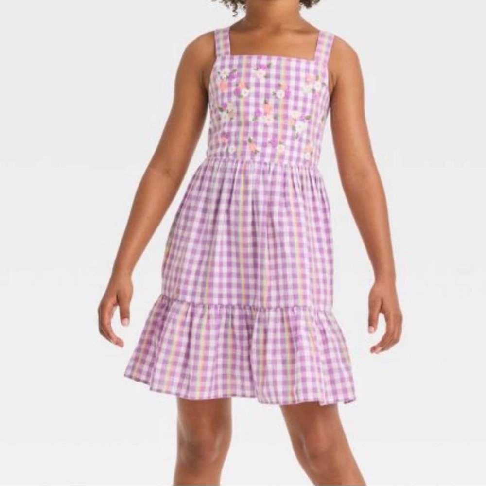 Cat & Jack Floral Embroidered Lavender Gingham Woven Dress XL (14) Plus NEW $20